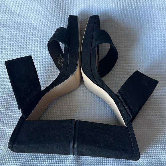 Zara Black Chunky Heel Suede 2 Straps Square Toe Sandals Size 39 (8) - Picture 8 of 12